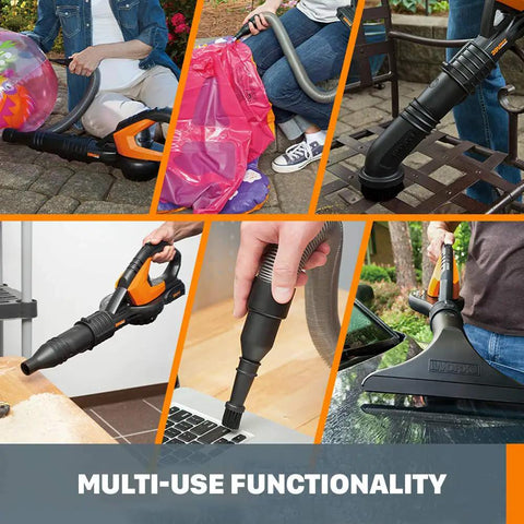 Multi-use cordless leaf blower for lawn care, ultra lightweight 2.7 lbs, 120 MPH air power, shown with attachments and long nozzle.