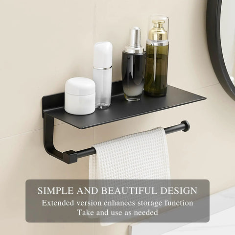 Black Wall Mount Towel Holder With Shelf For Bathroom And Kitchen displaying bottles and towel