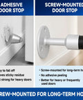 Comparison of adhesive and screw-mounted door stops; right side shows Heavy Duty Aluminum Wall Mounted Door Stop 2 Pack With Sound Dampening Rubber Bumpers, Durable Baseboard Protector For Office Home Hotel, Matte Silver Finish, Easy Install, Quiet Close And Sleek Modern Look