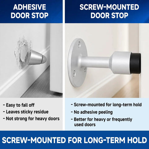Comparison of adhesive and screw-mounted door stops; right side shows Heavy Duty Aluminum Wall Mounted Door Stop 2 Pack With Sound Dampening Rubber Bumpers, Durable Baseboard Protector For Office Home Hotel, Matte Silver Finish, Easy Install, Quiet Close And Sleek Modern Look