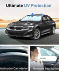 Heavy Duty Foldable Windshield Sun Shade Deflects Blazing Summer Heat And Keeps Your Ride Cool While Blocking Uv Rays So You Stay Comfy On Long Highway Drives Without Breaking A Sweat, shown with car.