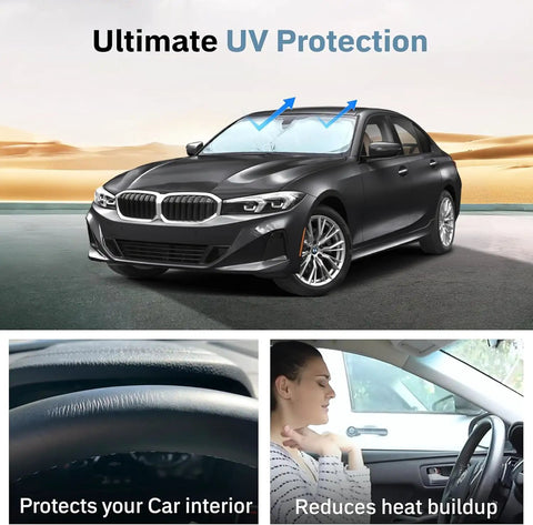 Heavy Duty Foldable Windshield Sun Shade Deflects Blazing Summer Heat And Keeps Your Ride Cool While Blocking Uv Rays So You Stay Comfy On Long Highway Drives Without Breaking A Sweat, shown with car.