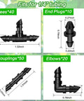 Drip Irrigation Fittings Kit 120 Piece With Barbed Connectors For One Quarter Inch Tubing Includes 50 Couplings 40 Tees 20 Elbows 10 End Plugs