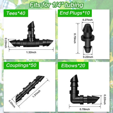 Drip Irrigation Fittings Kit 120 Piece With Barbed Connectors For One Quarter Inch Tubing Includes 50 Couplings 40 Tees 20 Elbows 10 End Plugs
