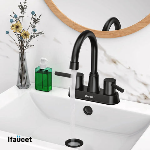 Matte Black 4 Inch Centerset 3 Hole Bathroom Faucet With Two Handles Lead Free Copper Pop Up Drain SUS304 Stainless Steel