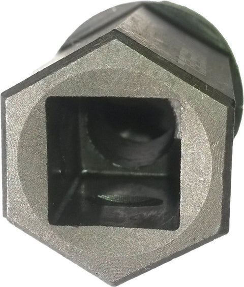 Front view: metal hex nipple cup with square bore; automotive part, gray steel finish.