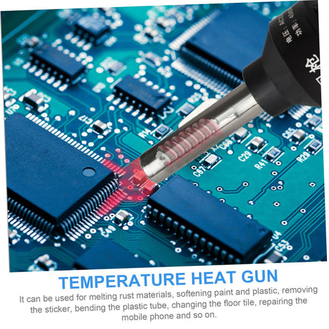 Portable 110V Heat Gun With Temperature Control For Soldering Station Desoldering Tool, shown on circuit board for precision work.