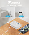 5ft Flat Plug Extension Cord alongside No Cap Necessary Heavy Duty 100W Power Strip With 6 AC Outlets And 8 USB Ports.