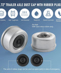 Two Pack 2.72 Inch Trailer Axle Wheel Hub Dust Cap And Bearing Grease Cover With Extra Rubber Plugs, zinc plated steel