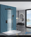 Matte Black Shower System With 12 Inch Rainfall Head And Handheld Spray Brass Construction in modern bathroom setting