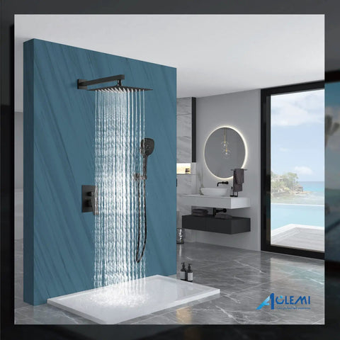 Matte Black Shower System With 12 Inch Rainfall Head And Handheld Spray Brass Construction in modern bathroom setting