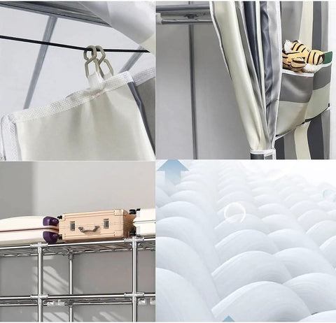 Heavy Duty Portable Wardrobe Closet With Zipper Dust Shield Cover And Sturdy Hanging Rods Plus Spacious Shelves close-up of hanging clips and fabric