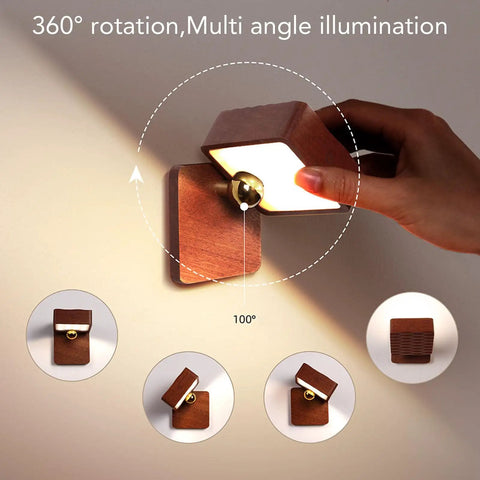 Wooden Magnetic Wall Sconce Night Light With Gravity Sensor showcasing 360-degree rotation and multi-angle illumination on a wall.