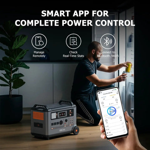 Man using Go To Off Grid Power Station With 3600W Peak Output And 3600Wh LiFePO4 Battery, managing power via app