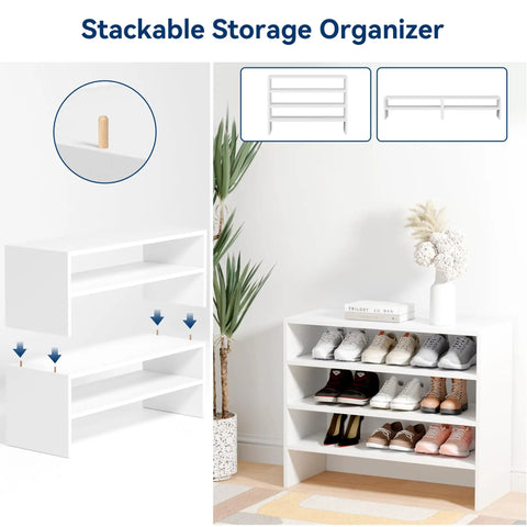 Extra Wide Stackable Wood Shoe Rack 28 Inch Two Shelf Storage Organizer Holds Nine Pairs Game Changing Closet Setup No Sweat Assembly Built Tough Storage For Entryways Hallways Or Garages White Two Pack