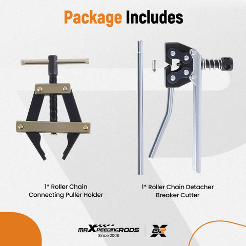 Roller Chain Tools Kit For 60 To 100 Chains Includes Connecting Holder, Puller, Detacher, Breaker, And Cutter tools displayed