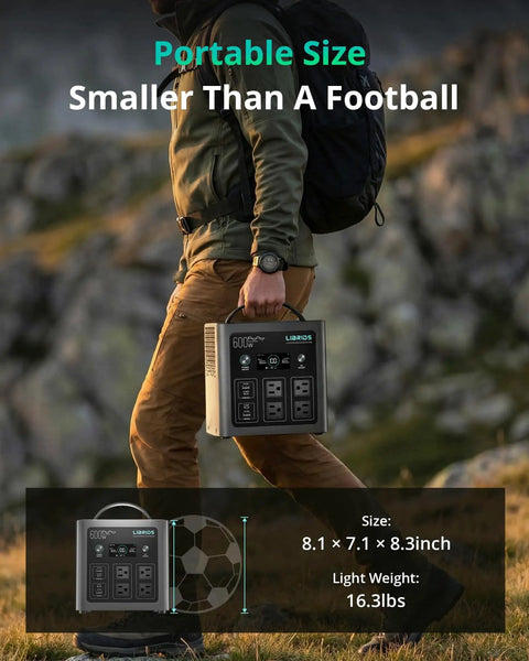Person carrying Portable Power Station C600 600W Solar Generator With 640Wh LiFePO4 Battery outdoors, smaller than a football.