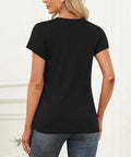 Back view of Women Santa Graphic Tee With Black Hat And Sunglasses, Short Sleeve Crewneck Shirt, cotton fabric, size guide available