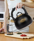 Stovetop Tea Kettle Made From Food Grade Stainless Steel 3.1 Quart Whistling Water Kettle being used in a kitchen