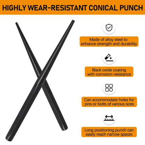 Heavy Duty Taper Punch Set With Four Precision Hardened Pin Tools To Nail Hole Alignment And Swap Shafts Fast, conical punch made of alloy steel.