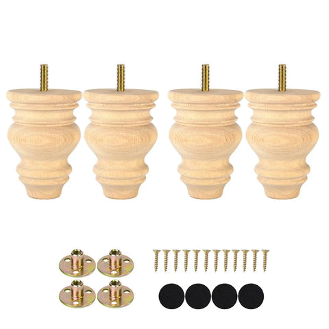 4 Inch Unfinished Bun Feet For Couch, Sofa, Cabinet And Ottoman, set of 4, solid wood with pre-drilled M8 bolts and installation hardware