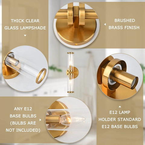 Gold Wall Sconce Lights Two Pack With Candle Shaped Glass Shades Brushed Brass Mid Century Vanity Wall Lamps For Mirror Bedroom Living Room Hallway And Bathroom Decor With Electroplated Gold Finish And Two Light Fixtures For A Lit Modern Home Vibe
