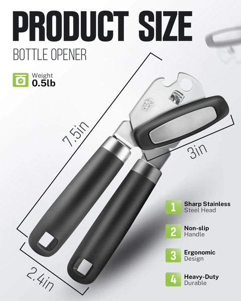 Heavy Duty Manual Can Opener With Smooth Cutting Edge, Ergonomic Non-Slip Handle, 7.5in Size, Black