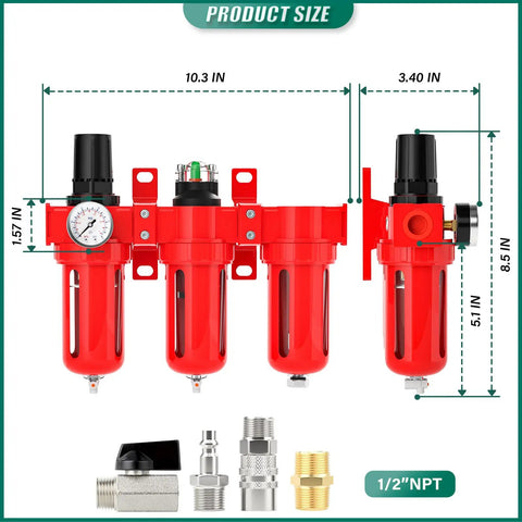 Heavy Duty Three Stage Industrial Air Drier Built Tough With Aluminum Body and Precision Pressure Regulator, 10.3 in size.