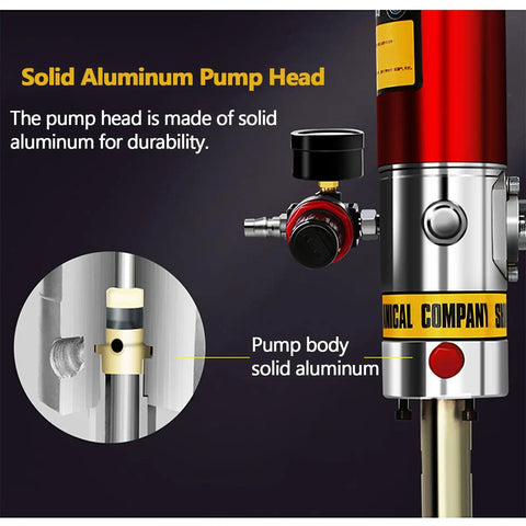 Solid aluminum pump head detail of Built Like A Tank Heavy Duty Pneumatic Grease Pump For 55 Gallon Drums With 16 Foot Hose.