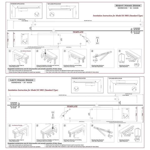 Installation instructions for Heavy Duty Automatic Door Closer No Slam Ready For Home Or Office Use showing templates for right and left doors.