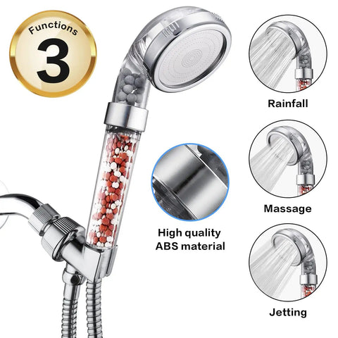 Kickin High Pressure Handheld Shower Head With 59 Inch Hose And Bracket, Vortex Turbo Spray, Ionic Filter, Water Saving 3 Modes
