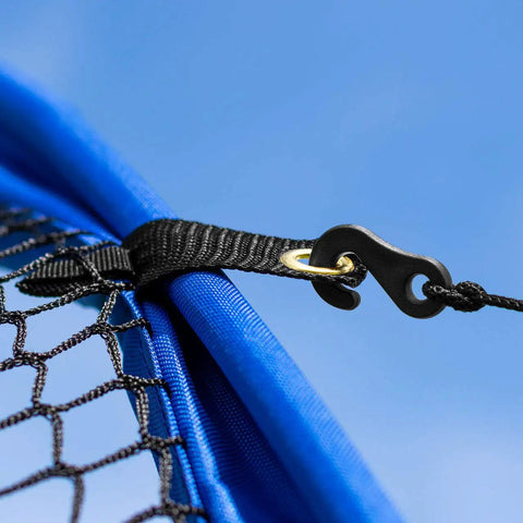 Close-up of Pop Up Baseball Batting Cage With Portable Fiberglass Frame And Polyester Netting Grab And Go Ready For Indoor Or Outdoor Practice Instant Setup Multiple Size Options And Carry Bag Included, showing net attachment detail.