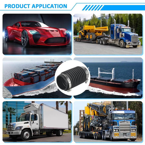 Product application collage with images of vehicles and ships featuring an exhaust bellows boot for Alpha Gen 1 and 2 and Bravo 1 2 3 outdrives replacement marine exhaust hose corrugated pipe built tough fit for R MR Alpha One Gen II and Blackhawk drives easy install.