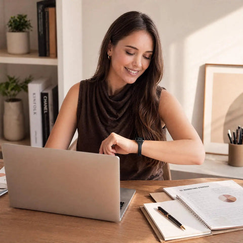 Killer Genuine Leather Watch Strap Compatible With Apple Watch For Women on a woman's wrist while she works on a laptop.