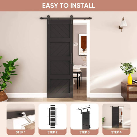 Slim 28 By 84 Inch Wave Shape Black Sliding Barn Door With Hardware Kit installed in room, showing four-panel design.