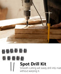 13-Piece Spot Weld Cutter Set For Power Drill, 3/8 Inch Cut, in use on wood, including double-sided hex sheet metal hole cutters
