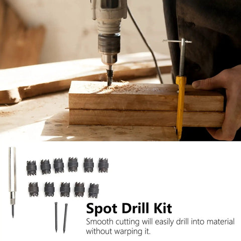 13-Piece Spot Weld Cutter Set For Power Drill, 3/8 Inch Cut, in use on wood, including double-sided hex sheet metal hole cutters