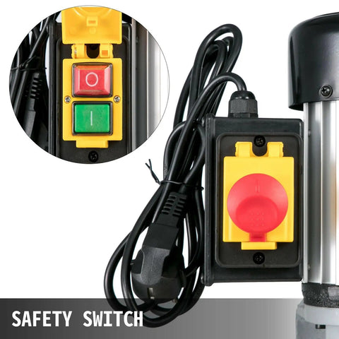 Safety switch on Professional Benchtop Mortiser Machine Featuring Variable Speed Drive for secure operation.