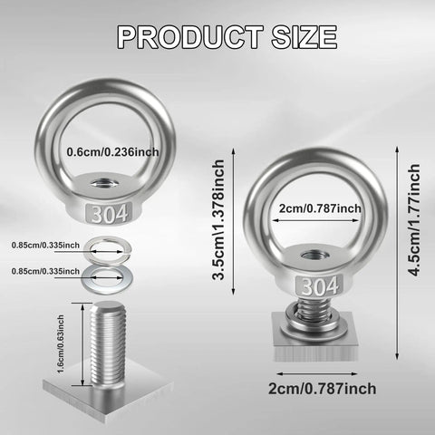 Six Pack M8 Heavy Duty Eye Bolts With T Slot Bolts In 304 Stainless Steel Eye Nuts And Nuts For Roof Rack Bungee Cords Ropes Anchoring Kit Ideal For Trailers Boats Decks And Challenging Outdoor Use size diagram
