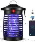 Outdoor Bug Zapper With Smart App Remote Hands Free And Voice Control Mosquito Zapper You Can Control From Your Phone Compatible With Alexa And Google Home 2.4GHz WiFi With BuiltIn Timer Indoor Outdoor Pest Killer For Summer Nights showing front view with mosquitoes and smartphone app interface.
