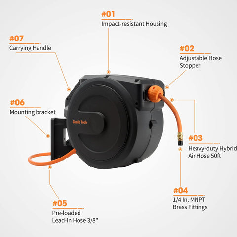 Diagram of Retractable Air Hose Reel With Enclosed Housing, Three Eighths Inch By 50 Ft Hybrid Hose, labeled parts for detail.