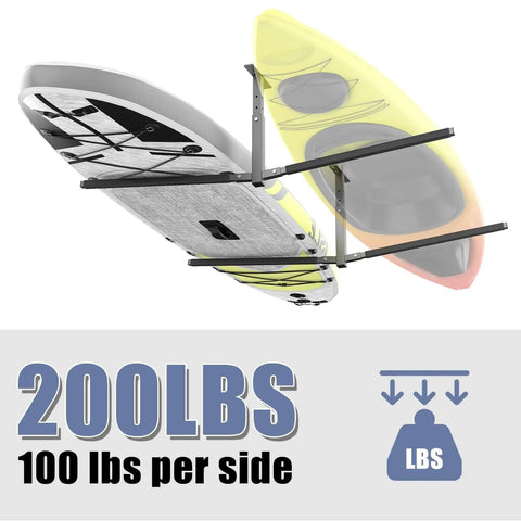 Ceiling Kayak Storage Rack For Garage Heavy Duty Overhead Kayak Hanger Holds Two Kayaks Snowboards Surfboards Paddleboards And SUPs Space Saving Ceiling Mount Organizer