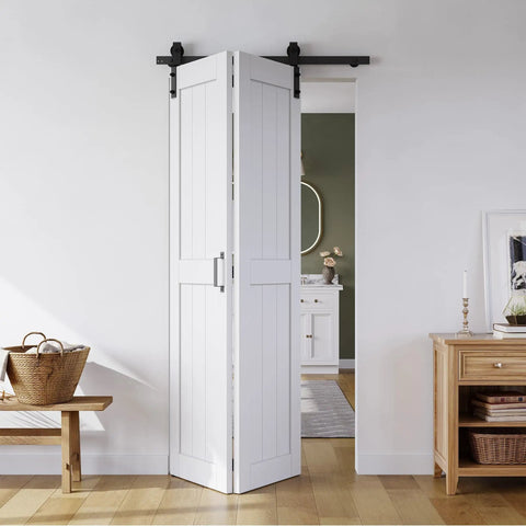 Space Saving Bifold Barn Door Kit 36 By 84 Inches With MDF Bi-Fold Sliding Closet Doors Hardware Included installed view