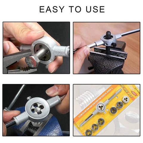 Eight Piece Metric Die Set With Screw Die And Knurled Die Stock Holder For M3 To M12 Threading Rethreading External Thread Cutting