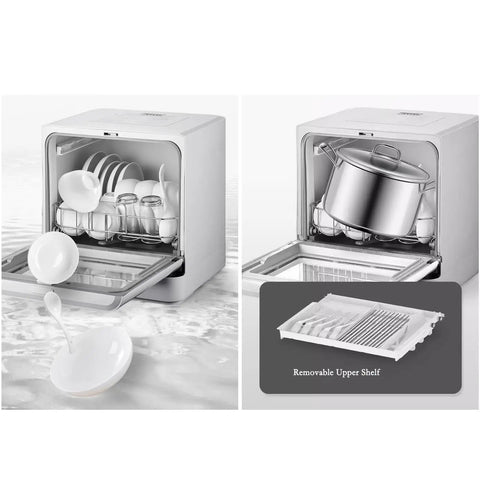 Portable Countertop Dishwasher With Automatic Water Supply And Triple Filter For A Slick Clean No Sweat Setup Handles Six People Heavy Duty Wash Cycles showing dishes and a pot inside.