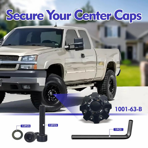 Pickup truck with inset showing 12 Pack Wheel Center Cap Screws With Adapter Tool For 1001 63 B 1001 63B 1001 63GB