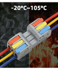 Grab These Awesome Push-In Wire Connectors For Fast Tool-Free Splicing On Any Solid Or Stranded Copper Cable With 2 In 2 Out Design Perfect For Compact LED Lighting Junction Boxes And Heavy Duty Projects Featuring Tin Plated Contacts For Great. 2-in 2-out PA66 wire connector with color-coded cables, rated -20°C to 105°C