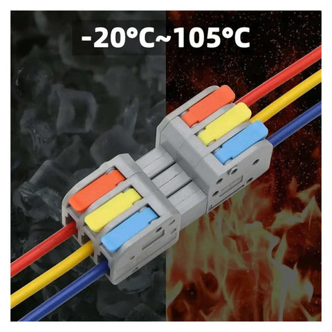 Grab These Awesome Push-In Wire Connectors For Fast Tool-Free Splicing On Any Solid Or Stranded Copper Cable With 2 In 2 Out Design Perfect For Compact LED Lighting Junction Boxes And Heavy Duty Projects Featuring Tin Plated Contacts For Great. 2-in 2-out PA66 wire connector with color-coded cables, rated -20°C to 105°C