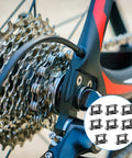 Number 35 Chain Master Link Eight Pack Heavy Duty Steel Quick Release Connector for Mini Bike with sprocket and chain setup.
