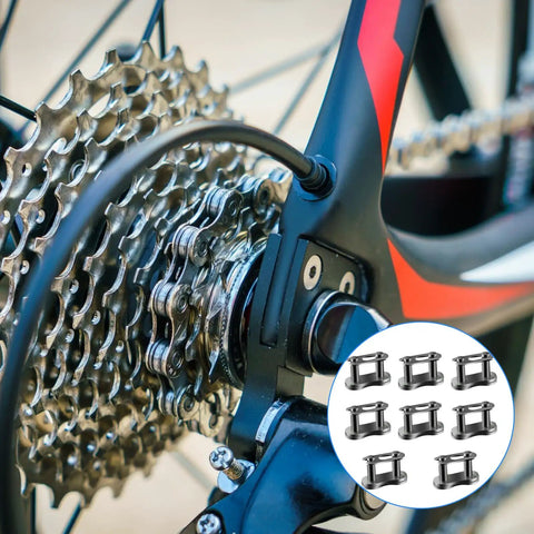 Number 35 Chain Master Link Eight Pack Heavy Duty Steel Quick Release Connector for Mini Bike with sprocket and chain setup.